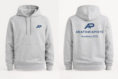 Anatomiapiste-logo harmaalla hupparilla