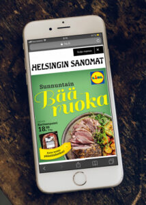 Puhelin, jossa näkyy mainos
